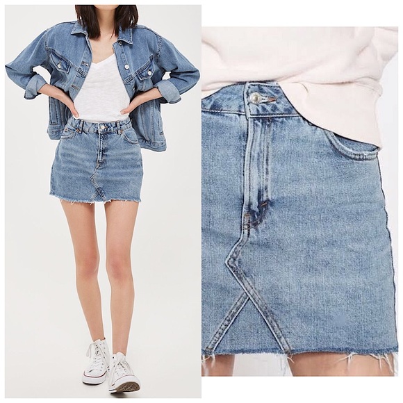 Topshop Moto || Frayed Edge Medium Wash Denim Mini Skirt Size US 4 - Picture 1 of 15